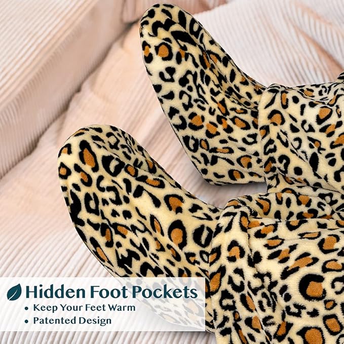 PAVILIA Fleece Blanket with Sleeves, Foot Pockets for Women Men Adults, Plush Wearable Blanket Throw Wrap, Warm Snuggle Blanket Robe, Cozy Gift Ideas Wife Mom, Cheetah Print