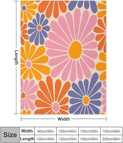 1970s Hippie Floral Throw Blanket, Retro Orange Pink Blue Flower Boho Groovy Daisy Flowers Comfortable Blanket for Couch Sofa Couch Chair 60"x80"