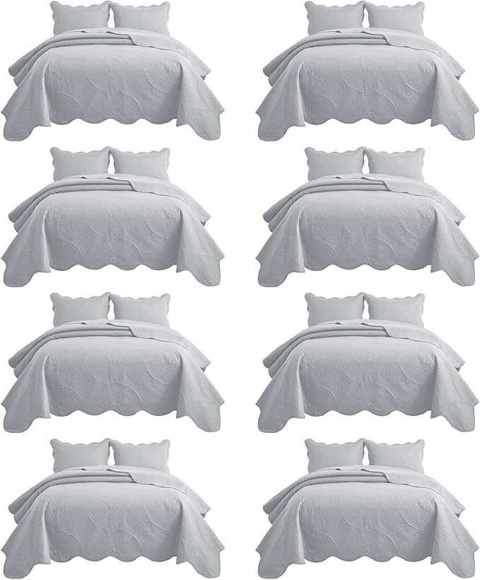 IR Imperial Rooms 8 Pack Quilt King Size Bedding (106" x 96") - Bulk Wholesale for Hotels, Guest Bedroom & Airbnbs - Lightweight Microfiber Reversible Floral Embossed Quilts Bedspreads (Silver)