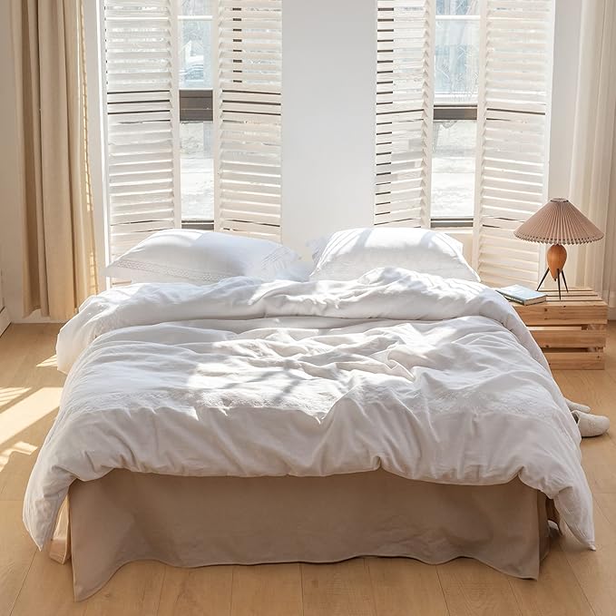 BISELINA French Linen Bed Skirt with Pleated Corner 18-Inch Tailored Drop Natural Flax Cotton Blend Basic Dust Ruffle Soft Cozy Farmhouse Bedding (18" Full, Basic Linen)