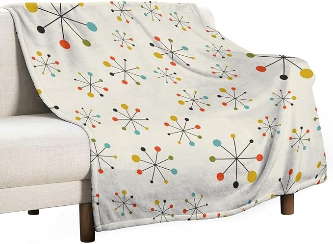 Mid Century Throw Blanket, Retro Abstract Geometric Pattern Boho 1950s 1960s Iconic Atomic Starbursts Modern Sputnik Print Blanket for Couch Sofa Bed Decorative Gifts 60"x80"