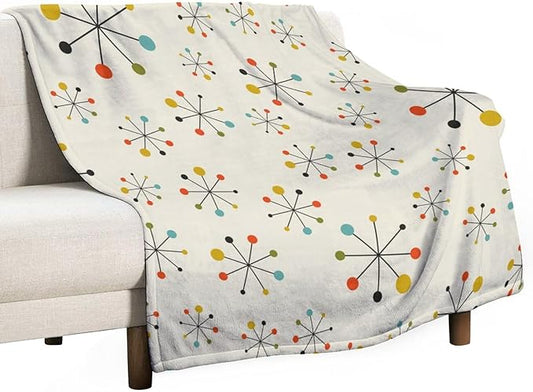 Mid Century Throw Blanket, Retro Abstract Geometric Pattern Boho 1950s 1960s Iconic Atomic Starbursts Modern Sputnik Print Blanket for Couch Sofa Bed Decorative Gifts 60"x80"