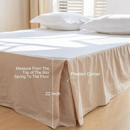BISELINA French Linen Bed Skirt with Pleated Corner 22-Inch Tailored Drop Natural Flax Cotton Blend Basic Dust Ruffle Soft Cozy Farmhouse Bedding (22" Queen, Basic Linen)