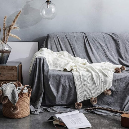 vctops Fur Pom Pom Knit Throw Blanket Super Soft Warm Cozy Cable Knitted Blanket for Sofa and Couch 51 x 63 Inch White