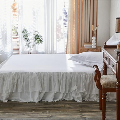 BISELINA White Ruffled Bed Skirt 18-Inch Tailored Drop Cotton Voile Dust Ruffle Soft Cozy Elegant Luxurious Bedding (18" King, White)