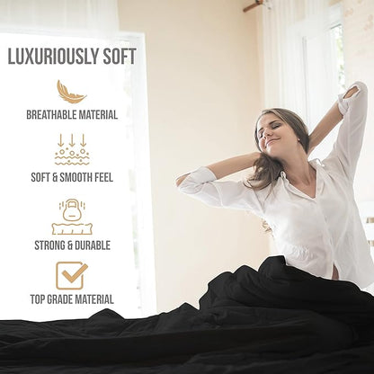 Queen Sheet Set - Luxury Hotel Bed Sheets - Soft Cooling Sheets with Elastic Corner Straps - Deep Pockets Microfiber Bedsheet - Bedding Sheet & Pillowcases - 4 Piece (Queen Size, Black)
