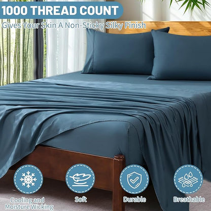 Extra Deep Pocket Queen Sheets 18-24 Inch 100% Egyptian Cotton 1000 Thread Count Sateen Weave Soft Breathable 4 Pieces（Queen,Dusty Blue）