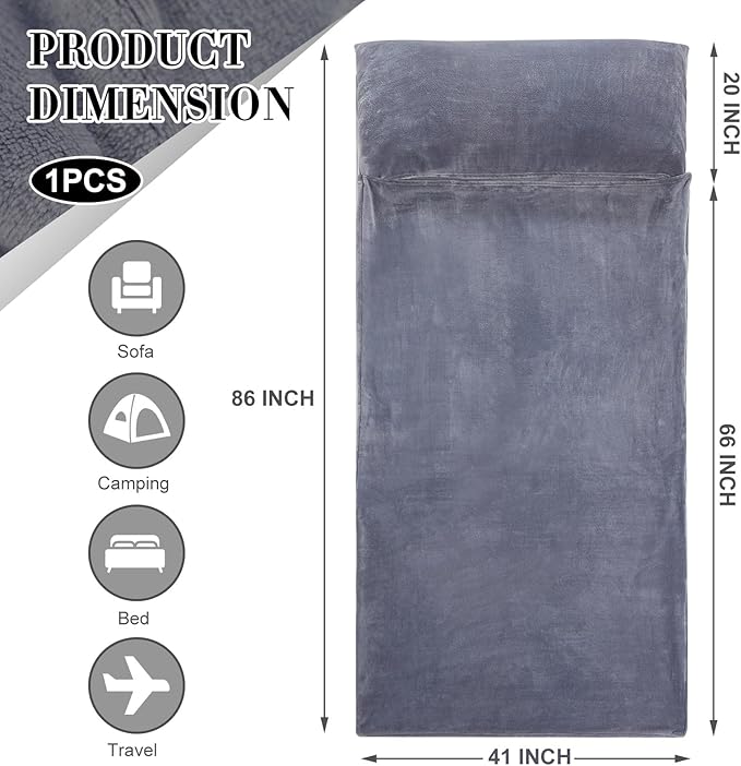 Flannel Sleeping Bag Liner for Adult, Flannel Fluffy Sheet & Camping Sheet for Winter Warm Thick Sheets for Backpacking, Hotel, Traveling, Sleeping Bag with Zipper