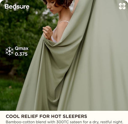 Bedsure Cooling Sheets, Rayon Derived from Bamboo & Cotton Blend, GentleSoft, Breathable, King Size Sheets Set, Deep Pocket Up to 18", Hotel Luxury Bedding for Hot Sleepers, Tea Green