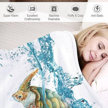 Sea Turtle Throw Blanket, Teal Blue Ocean Underwater Animal Starfish Fish Nautical Coastal Theme Fleece Flannel Blanket for Couch Sofa Bedroom Adults Kids, 60"x80"