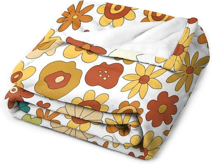 Vintage Hippie Floral Blanket, 70s Boho Abstract Yellow Orange Flowers Funny Print Throw Blanket for Holiday Theme Home Decor Bedding Couch 30"x40"