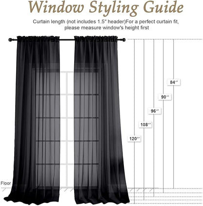 OVZME Black Sheer Curtains 108 Inches Long 2 Panels Set, 59 Inch Extra Wide Lightweight Airy Black Sheer Curtain for Living Room Bedroom, Filmy Voile Rod Pocket, 59Wx108L Inches