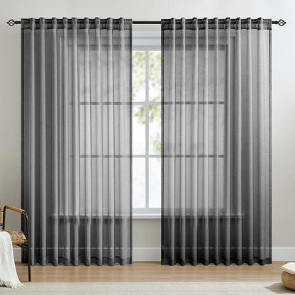 Dreaming Casa Black Sheer Curtains 84 Inches Long, Rod Pocket & Back Tab Light Filtering Textured Sheers for Living Room Bedroom, 2 Panels, Each 100" W x 84" L