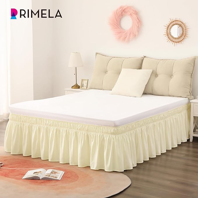 RIMELA Butter Yellow Bed Skirt Queen Size 15 Inch Drop, Elastic Bed Skirting for Bed Base and Frame, Bedding Dust Ruffle Easy to Install, Lightweight Comforter Set with Wrap Around Adjustable Bedskirt