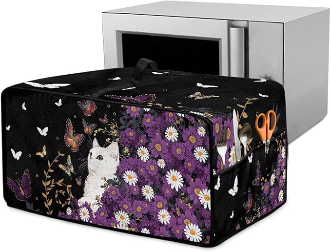Toaster Oven Cover with Side Pockets, Dustproof Smart Microwave Convection Oven Cover with Handle, for Kitchen Decor, L, 18.5" x 22.5" x 13", White Cat Violet Daisy Butterfly Black