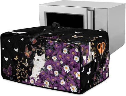 Toaster Oven Cover with Side Pockets, Dustproof Smart Microwave Convection Oven Cover with Handle, for Kitchen Decor, S, 14.5" x 18.5" x 9", White Cat Violet Daisy Butterfly Black