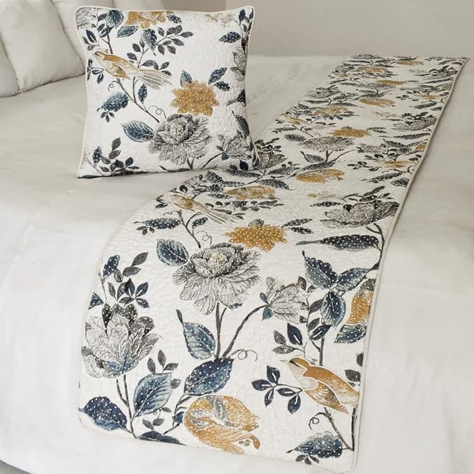 The HomeCentric King/Queen/Twin Blue & Ivory Decorative Twin 53"x18" Bed Runner Without Pillow Cover, Bird, Pearl & Quilted Bed Scarf on Linen Fabric - Vintage Birdena