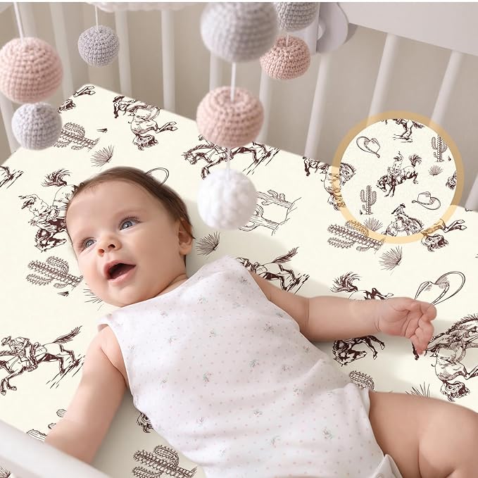 VitalCozy 4 Pcs Vintage Western Cowboy Bassinet Sheets Set 32 x 16 x 3 Inches Sheets for Standard Bed Toddler Mattresses Soft Breathable Cute Print Newborn Bedding for Girl Boys