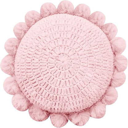 Boho Round Throw Pillow with Cute Handmade Pom Poms Tassels 18 Inch, Decorative Circular Knitted Crochet Cushion for Couch, Sofa, Chair, Bed, Pink