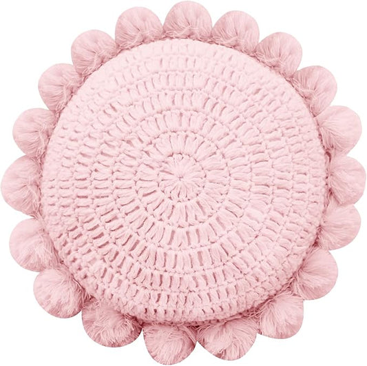 Boho Round Throw Pillow with Cute Handmade Pom Poms Tassels 18 Inch, Decorative Circular Knitted Crochet Cushion for Couch, Sofa, Chair, Bed, Pink