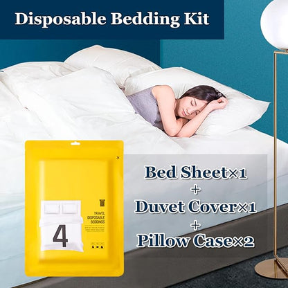 Extguds Disposable Travel Set: Bed Sheet×1+Duvet Cover×1+Pillow case×2+Bath Towels×2+Shower Caps×2+Plastic Bathtub Bag×2+Toilet Seat Covers×2+Compression face Towel×8+Toothbrushes×2+Slippers×2