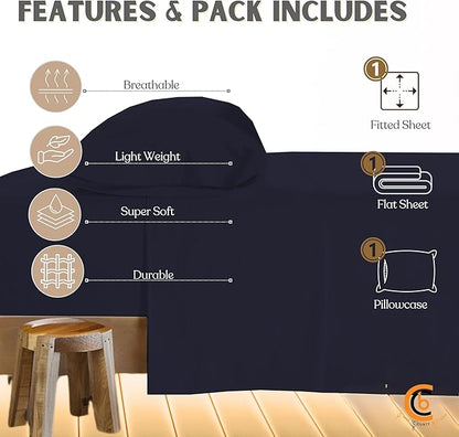 Camping Cot Sheets 33" x 75" - 3 Piece Cot Sheet Set for Bunk Bed - fits upto 9" Deep Mattress, Perfect for Narrow Twin, Camping Cot, RV Bunk, Guest Beds, Trifold Mattress - Navy Blue