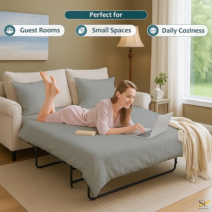 Luxury Queen Sleeper Sofa Bed Sheet Set,100% Egyptian Cotton, 338 Thread Count, Queen Size (60 x74 +6 Inch Deep Pocket) Soft and Light Weight 4pcs Sofa Set (Light Grey Solid)