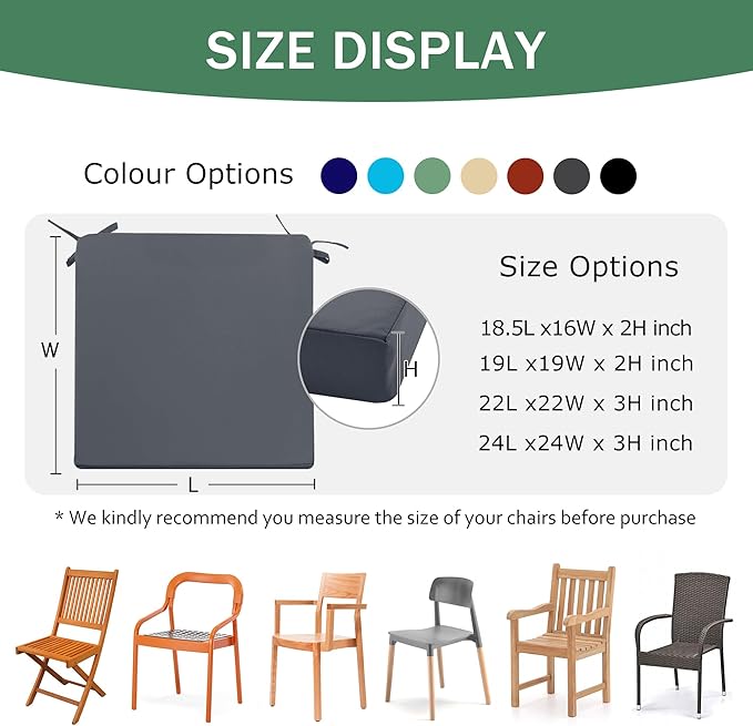 Outdoor Chair Cushions Set of 2: Waterproof & Fade Resistant Deep Seat Cushion for Patio Furniture - 24 x 24 Inch Chair Pads with Ties and Hidden Zipper - Patio Chair Cushion Replacement, Dark Grey