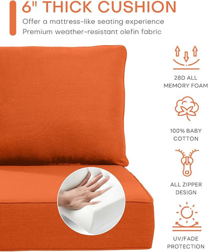 Luxury 22x24/22x25 6-Inch Outdoor Chair Cushions Set of 4 - Heavy Duty Water-Resistant Comfortable Cushion for Patio Furniture Set Dining Gliding Rocking Chairs Loveseat L-Shape Sofa - Orange
