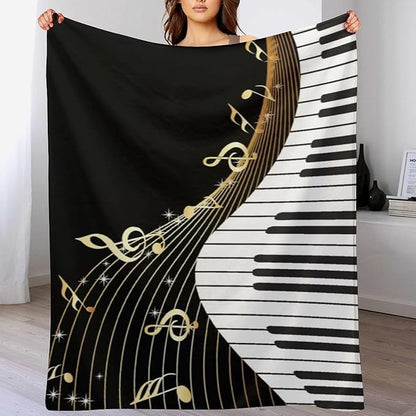 Music Note Blanket Black White Piano Keys Gold Music Note Soft Cozy Lightweight Throw Blanket for Kids Girls Boys Bedroom Living Room Dorm Chair Sofa Travel 40x50in
