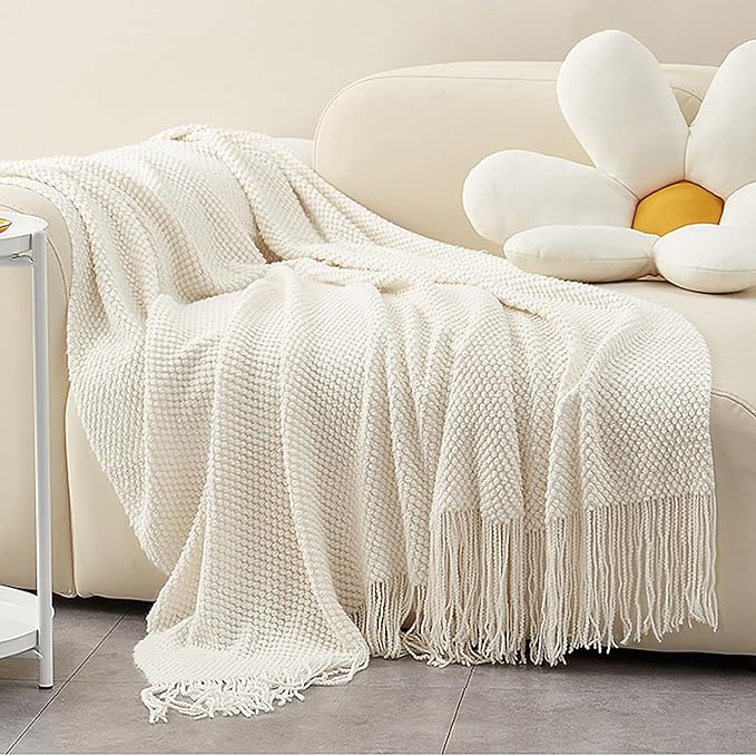 LOMAO Knitted Throw Blanket with Tassels Bubble Textured Lightweight Throws for Couch Cover Home Decor (Cream, 60x90)