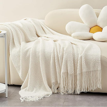 LOMAO Knitted Throw Blanket with Tassels Bubble Textured Lightweight Throws for Couch Cover Home Decor (Cream, 60x80)