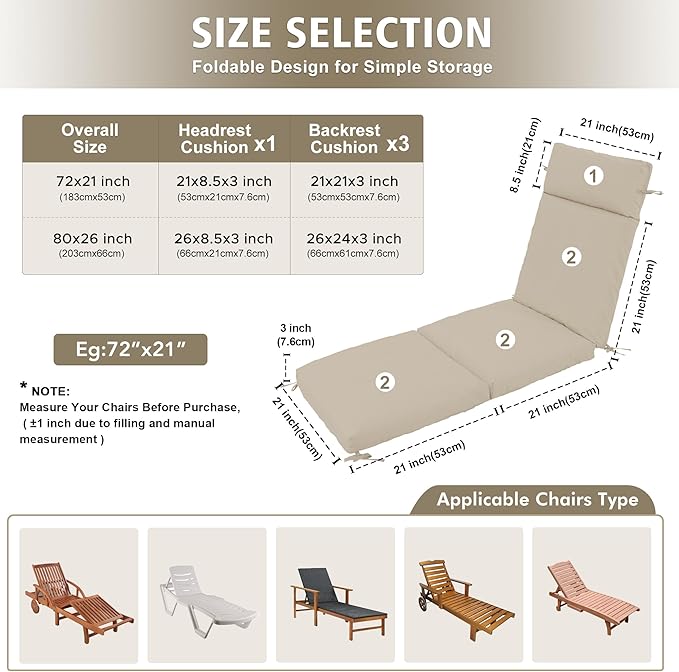 Chaise Lounge Cushion 72x21x3 Inch - Set of 2 Outdoor Lounge Chair Cushions, Lounger Pad Replacement with Fade-Resistant, Removable & Machine-Washable Covers, Ideal for Patio Chaise Chairs, Cream
