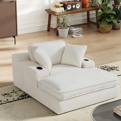 67" Chaise Lounge Chair Indoor, Cozy Oversized Fluffy Sofa with Cup Holders & Throw Pillows, Boneless Sleeper Cloud Couch for Living Room, Movie Room and Apartments, Beige