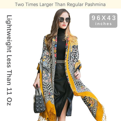 DANA XU 100% Merino Wool Extra Large Pashmina Blanket Travel Scarf Cashmere Wrap for Women Fall Winter Oversize Shawl Floral