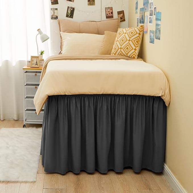 RIMELA Dorm Bed Skirt Twin XL 32 Inch Drop, Easy to Install Extra Long Wrap Around Elastic Dust Ruffle, Dark Grey Bedskirt Solid Silky Fabric Machine Washable (Twin XL 80“L x 39”W & Twin 75“L x 39”W)