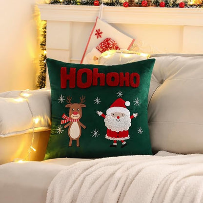 LUOYEHK Christmas Pillow Covers 18x18 Set of 2 Cute Santa Claus and Reindeer Decorative Green Pillow Cases Winter Holiday Velvet Embroidered Cushion Covers for Couch Sofa Bed