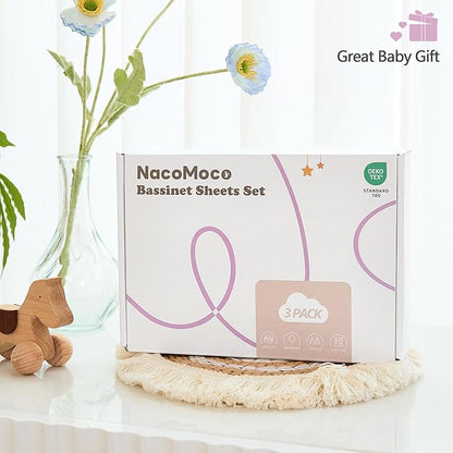 3 Pack Soft Strecthy Bassinet Sheets - 35"x20" Bedside Bassinet Sheets for for Newton, Ezebaby, AMKE(3 in 1) & Other Large Bedside Sleeper | Breathable & Skin Friendly Bassinet Fitted Sheets for Girls
