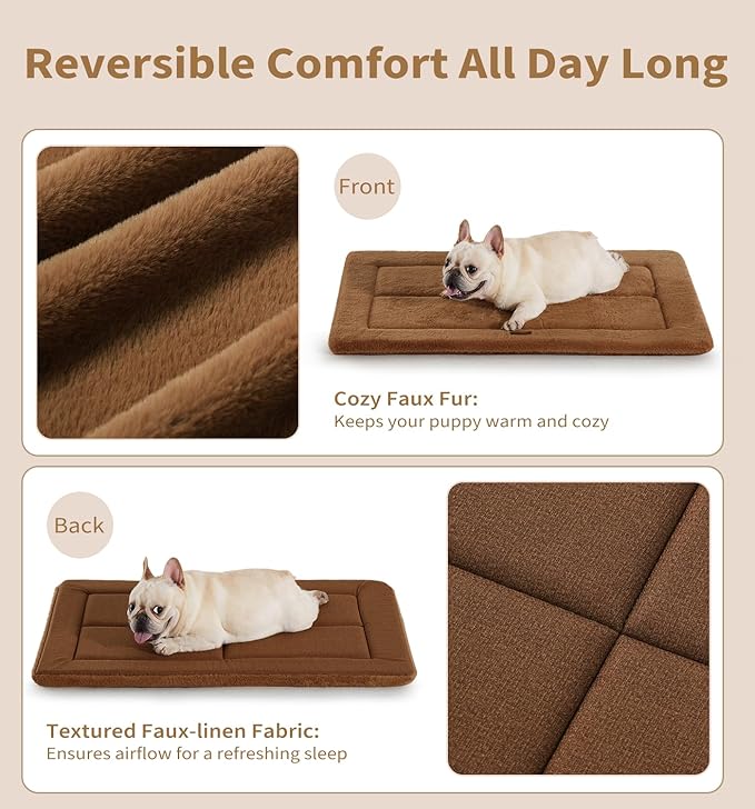 MADE 4 PETS Dog Crate Pad Bed for Medium Large Dogs, Washable & Reversible, Anti-Slip Kennel Mat for Cozy Sleeping, Soft Fluffy Dog Bed for Indoor & Outdoor Use, 35"x23", Brown
