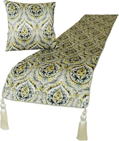 The HomeCentric King/Queen/Twin Grey & Yellow Designer CA King 86"x18" Bed Runner with 2 Pillow Cover, Quilted, Damask & Tassels Bed Scarf on Jacquard Fabric - Flamey Damask