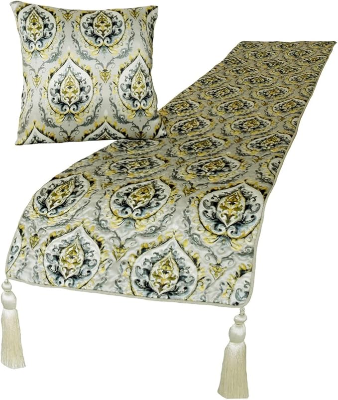 The HomeCentric King/Queen/Twin Grey & Yellow Designer CA King 86"x18" Bed Runner with Pillow Cover, Quilted, Damask & Tassels Bed Scarf on Jacquard Fabric - Flamey Damask
