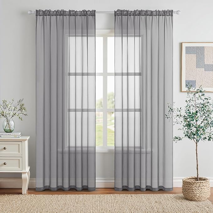MIULEE 2 Panels Solid Color Sheer Window Curtains Elegant Window Voile Panels/Drapes/Treatment for Bedroom Living Room (54X72 Inches Charcoal Grey)