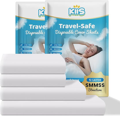 KIIS Travel-Safe Disposable Cover Sheets for Travel, Disposable Bed Sheet, Disposable Duvet/Comforter Cover, Disposable Pillowcases, Perfect for Hotels & Trips (King Size, 2 Packs)