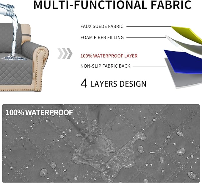 Easy-Going Waterproof Oversized Loveseat Covers Leakproof Couch Cover for 2 Cushion Couch Sofa Cover Washable Sofa Slipcover Non-Slip Furniture Protector with Pocket for Pets (Medium-XL, Grey)