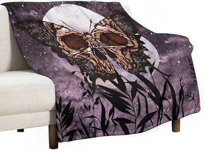 Death Moth Blanket, Boho Gothic Skull Moth Purple Starry Plant Full Moon Mysterious Witchy Throw Blanket for Couch Sofa Office Bed Travelling Bed Throws, 40"x50"