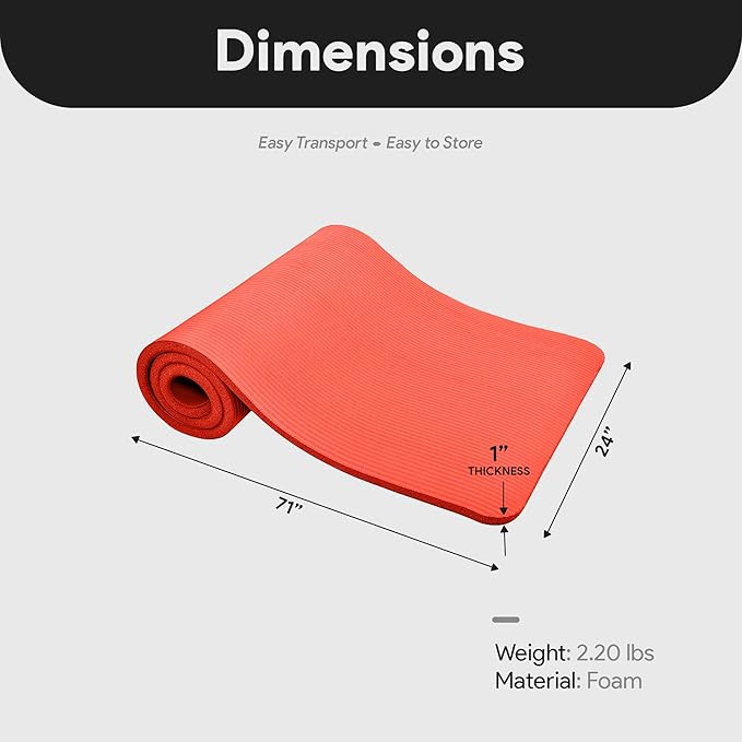 BalanceFrom GoCloud 71x24 Inches Extra Thick Yoga Mat 1-Inch High-Density Foam – Roll-Up Exercise Pad with Double-Sided Non-Slip Surface and Carrying Strap for Pilates and Home Workouts