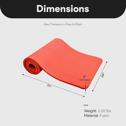 BalanceFrom GoCloud 71x24 Inches Extra Thick Yoga Mat 1-Inch High-Density Foam – Roll-Up Exercise Pad with Double-Sided Non-Slip Surface and Carrying Strap for Pilates and Home Workouts