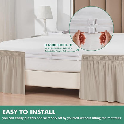Biscaynebay Wrap Around Bed Skirts with Split Corners for Queen Beds 18" Drop, Light Camel Adjustable Elastic Dust Ruffles Easy Fit Wrinkle Resistant Silky Luxurious Fabric Machine Washable