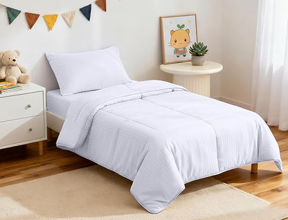 ZPECC Toddler Bedding Set - 4 Piece Hypoallergenic Baby Crib Bedding Set for Boys and Girls, Includes Toddler Comforter, Flat Sheet, Fitted Sheet and Pillowcase, White Stripe