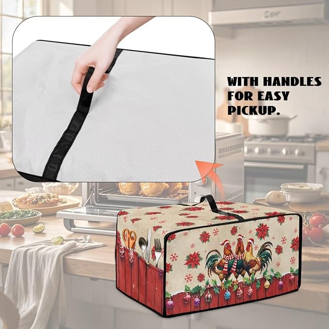 Christmas Toaster Oven Dust Cover with Storage Pockets, Protective Decorative Smart Oven Cover for for Kitchen Countertop, M, 16.5 x 20.5 x 10 Inches, Rooster Chicken Poinsettia Red Beige